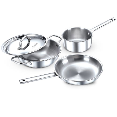 Prestige Tri-Ply Stainless Steel 3 Piece BYK Cookware Set| Fry Pan 24cm (1.7L), Kadai 24cm (2.7L) with SS Lid, Sauce Pan 16cm (1.5L)| Even Heat Distribution| Gas and Induction Compatible