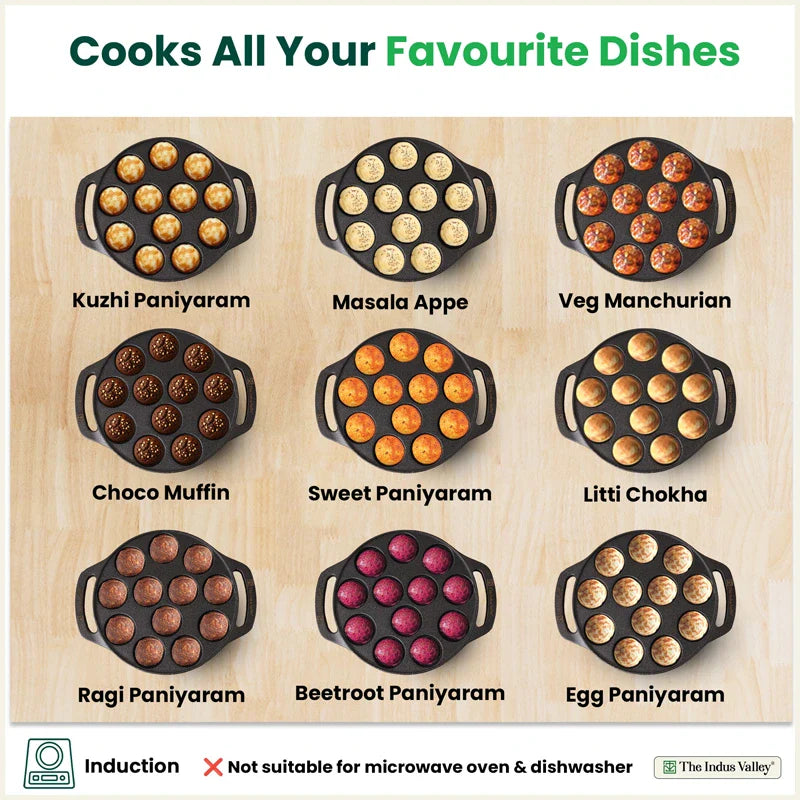 CASTrong Cast Iron Premium Paniyaram Pan, Pre-seasoned, Nonstick, 100% Pure, Toxin-free, Medium 20.8cm, 2.6kg