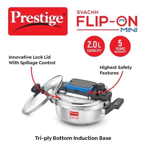 Prestige Svachh Flip-on Stainless Steel Spillage Control Pressure Cooker with Glass Lid, (Silver)