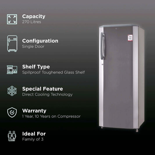 LG 261 Litres 3 Star Direct Cool Single Door Refrigerator with Stabilizer Free Operation (GL-B281BPZX.DPZZEB, Shiny Steel)