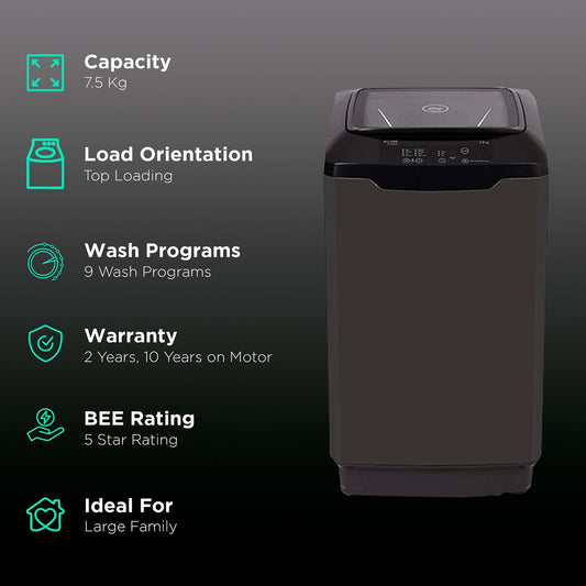 Godrej 7.5 kg 5 Star Inverter Fully Automatic Top Load Washing Machine (Eon Allure Classic, WTEON ALR C 75 5.0 FDANS GPGR, Cascade Waterfall Technology, Graphite Grey)