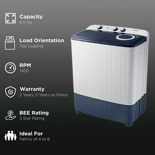 SAMSUNG 6.5 kg 5 Star Semi Automatic Washing Machine with Air Turbo Drying (WT65R2200LL/TL, Light Gray & Blue Base)