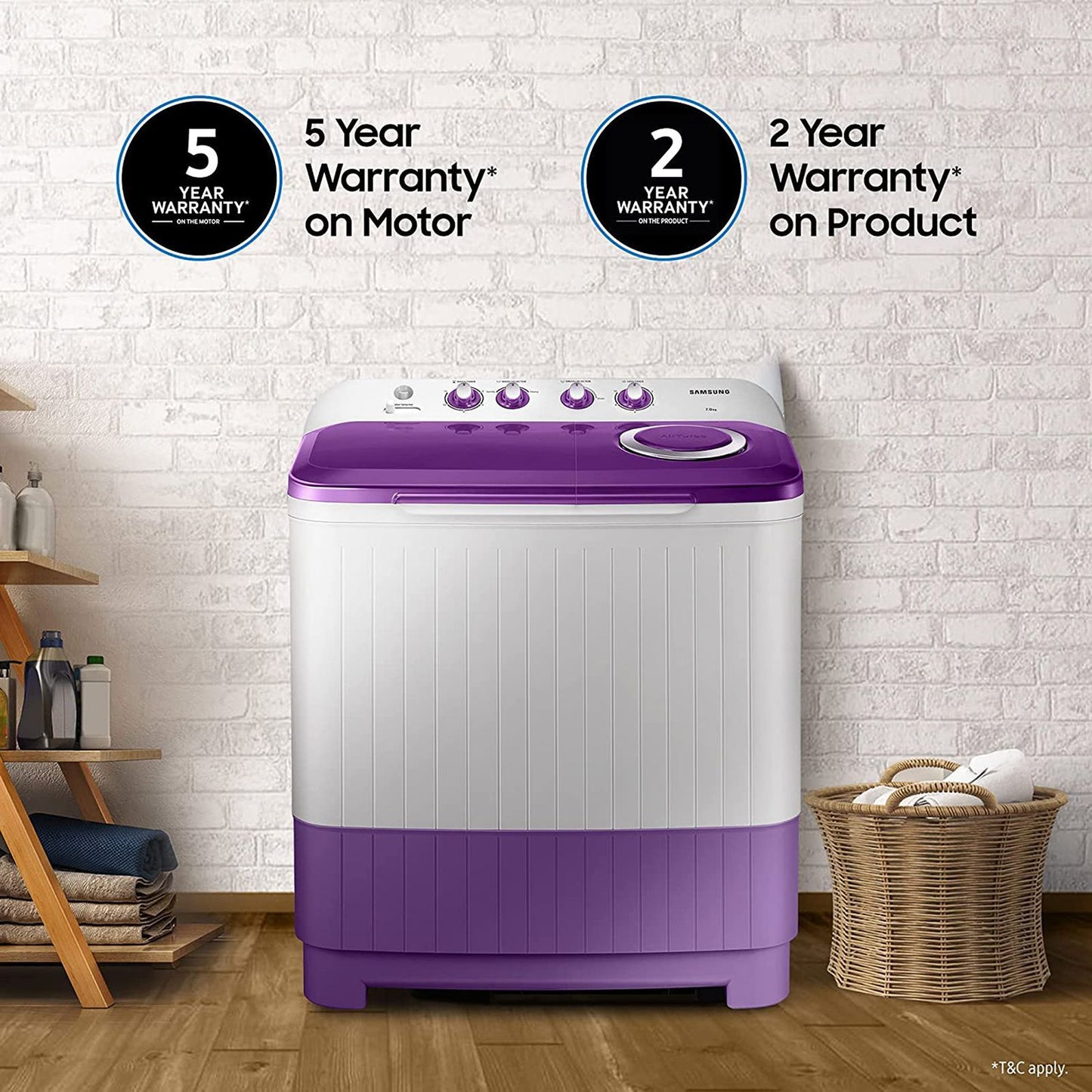 SAMSUNG 7 kg 5 Star Semi Automatic Washing Machine with Double Strong Pulsator (WT70M3000UU/TL, Light Gray & Voilet)