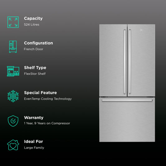 Electrolux UltimateTaste 700 524 Litres Frost Free French Door Refrigerator with NutriFresher Inverter Compressor (EHE5224C-A NIN, Arctic Silver)