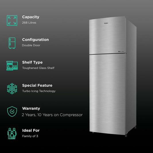 Haier 268 Litres 2 Star Frost Free Double Door Convertible Refrigerator with Turbo Icing (HRF-3182BIS-P, Inox Steel)
