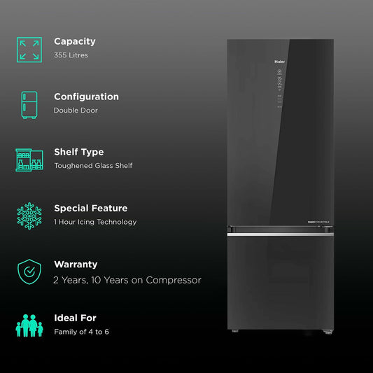 Haier 355 Litres 3 Star Frost Free Double Door Bottom Mount Convertible Refrigerator with Triple Inverter Technology (HRB-4053PKG-P, Black Glass)