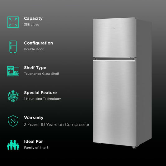 Haier 358 Litres 3 Star Frost Free Double Door Convertible Refrigerator with Triple Inverter Technology (HRF-4083BIS-P, Inox Steel)