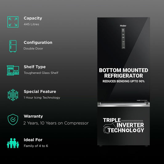 Haier 445 Litres 2 Star Frost Free Double Door Bottom Mount Convertible Refrigerator with Triple Inverter Technology (HRB-4952CKG-P, Black Glass)