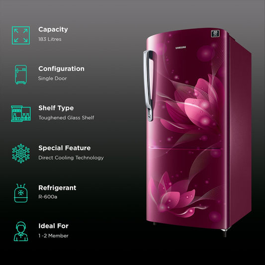 SAMSUNG Stylish Grande 183 Litres3 Star Direct Cool Single Door Refrigerator with Anti Bacterial Gasket (RR20C1723R8/HL, Blooming Saffron Red)
