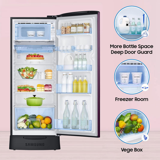 SAMSUNG Stylish Grande 223 Litres3 Star Direct Cool Single Door Refrigerator with Base Stand Drawer (RR24C2Z23CR/NL, Camellia Purple)