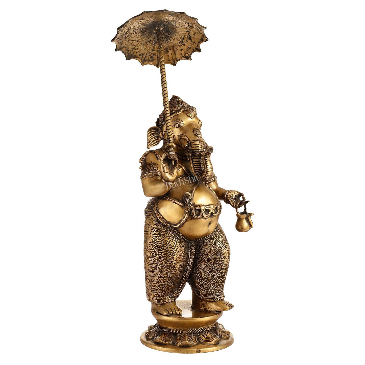 29-inch Standing Lord Ganesha Statue with Umbrella | Burnt Brass Finish