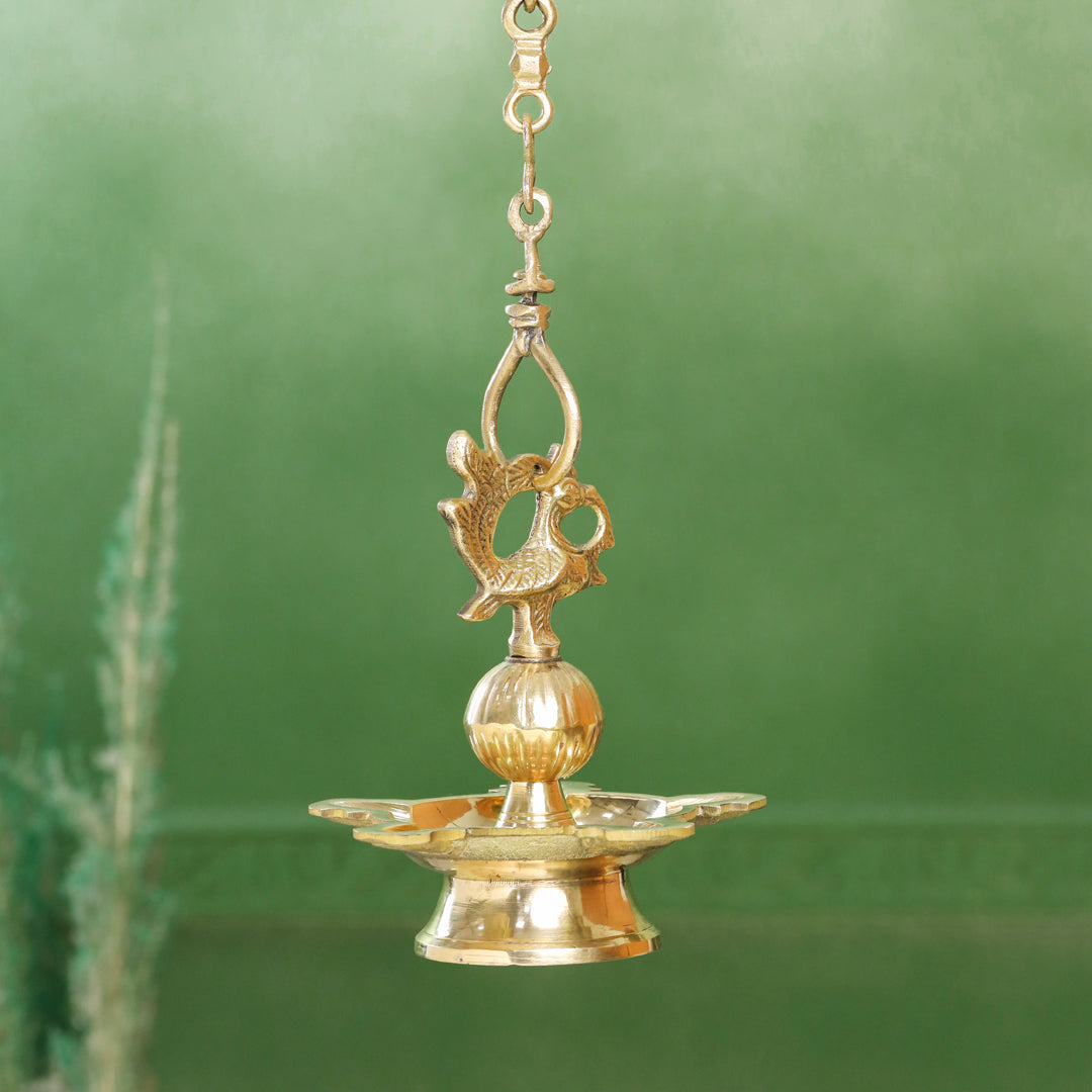 Brass Peacock Hanging Samai/Diya (32 Inch)