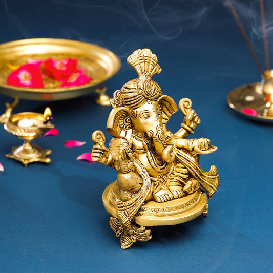 Brass Pagdi Ganesha On Chowki (7.8 Inch)