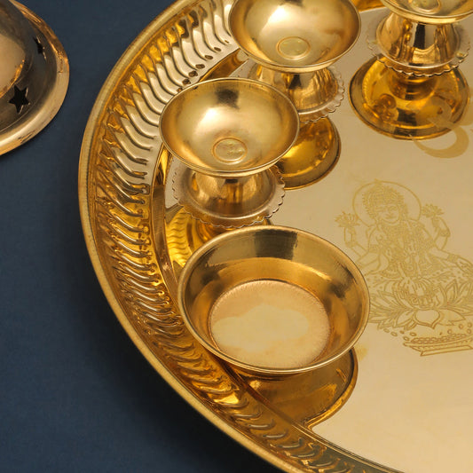 Brass Traditional Seven Deepak Pooja Thali (11.5 Inch)