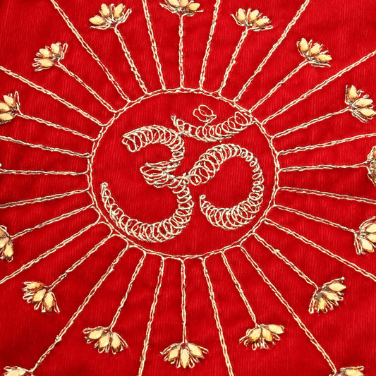 Pearl And Mirror Work Red Velvet God Pooja Asana (8 Inch)