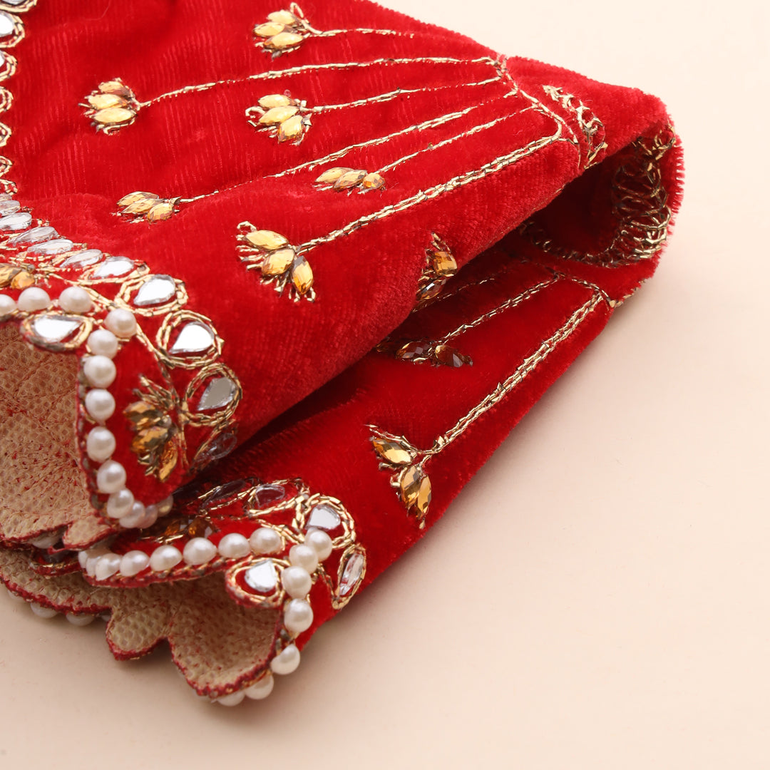 Pearl And Mirror Work Red Velvet God Pooja Asana (8 Inch)