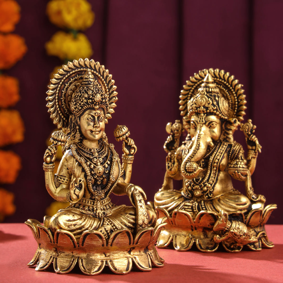 Brass Superfine Lotus Ganesha And Lakshmi Idols (4 Inch)