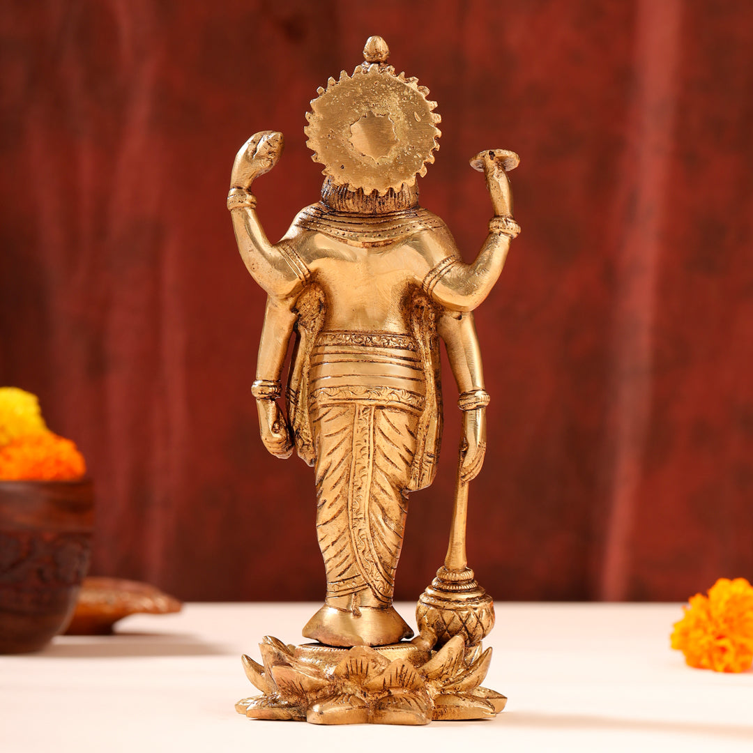 Brass Lord Vishnu Idol On Lotus (9 Inch)