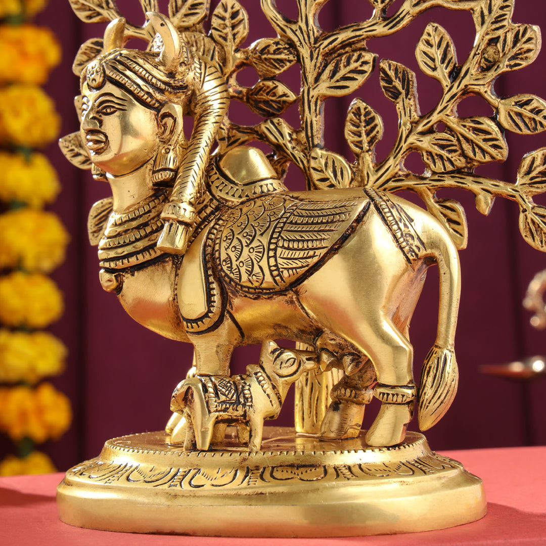 Brass Kamdhenu Cow With Calf And Tree Idol (8 Inch)