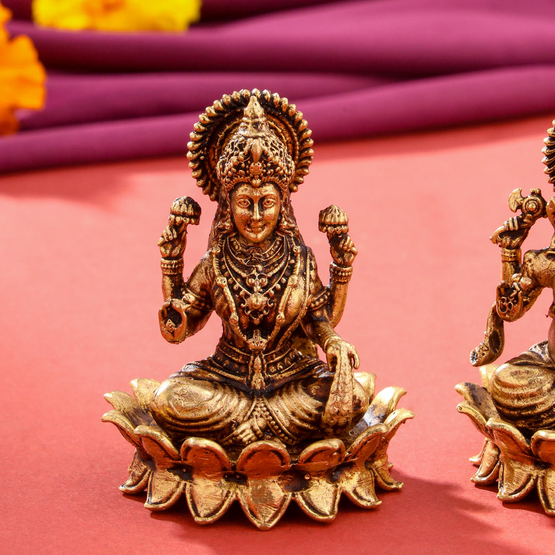 Brass Superfine Lotus Ganesha And Lakshmi Idols