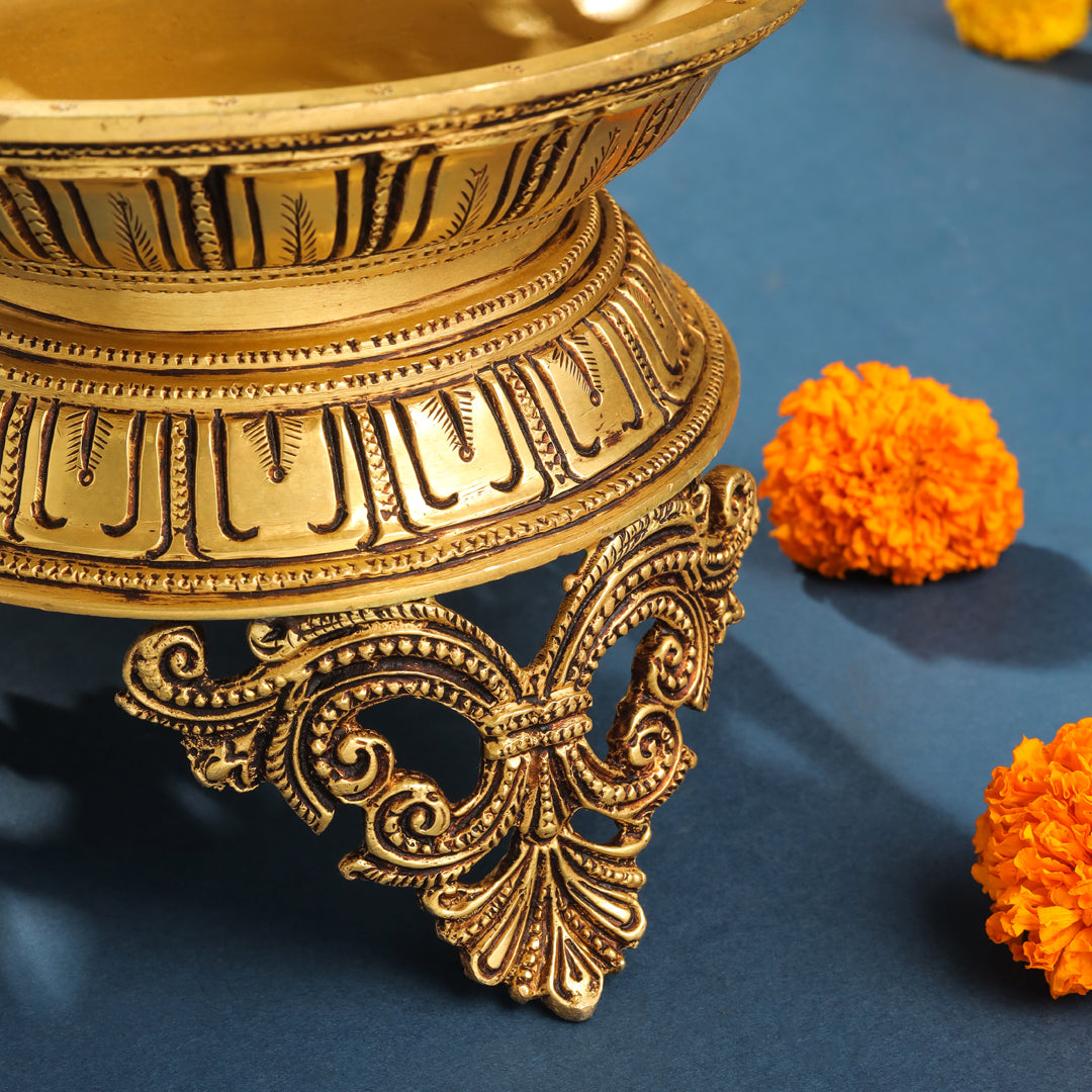 Brass Ethnic Handcarved Diya Lamp (12 Inch)