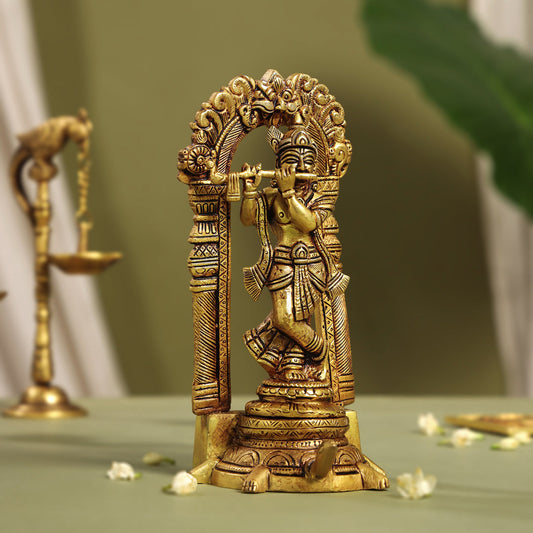 Brass Lord Krishna Idol On Tortoise (8 Inch)