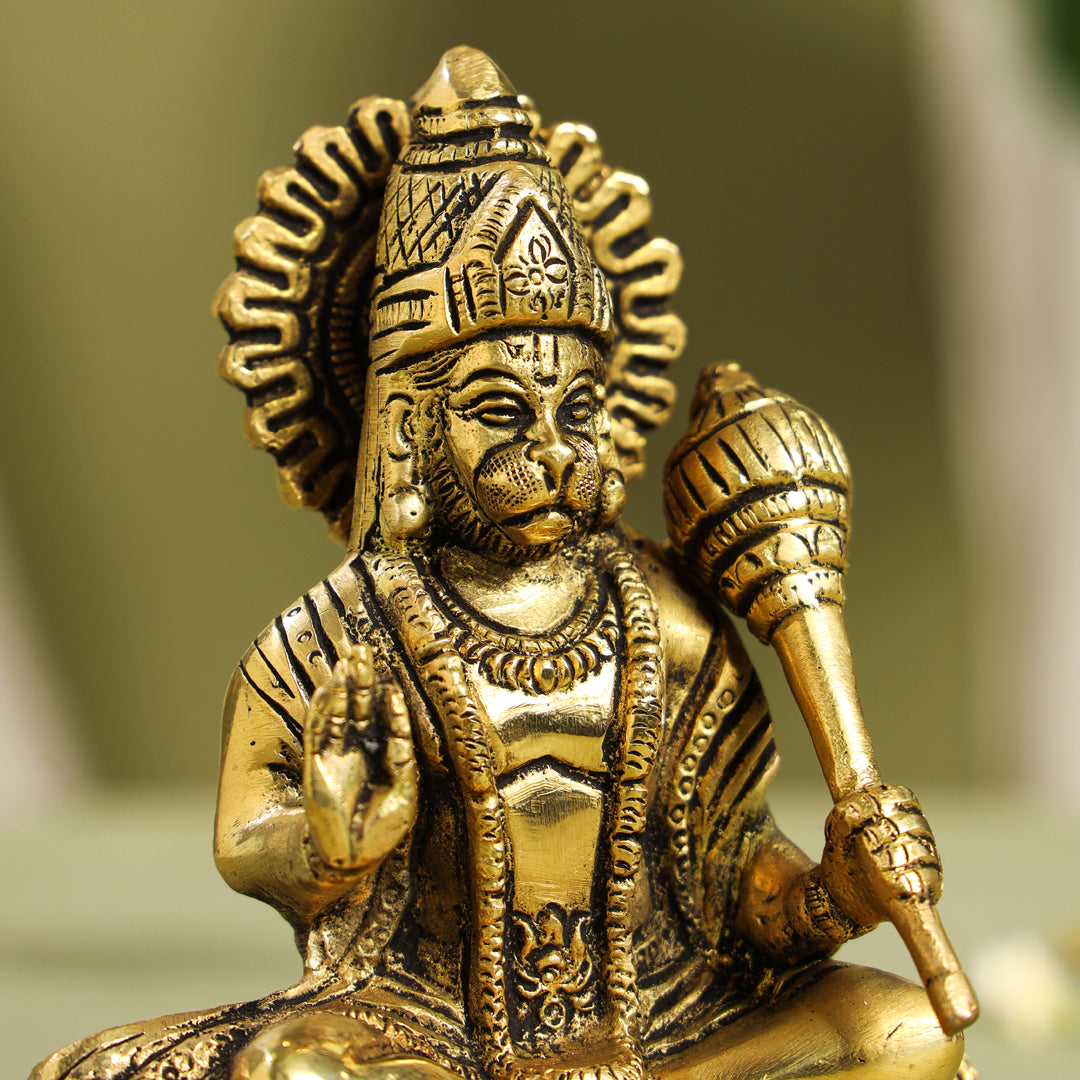 Brass Blessing Hanuman With Base Idol (6 Inch)