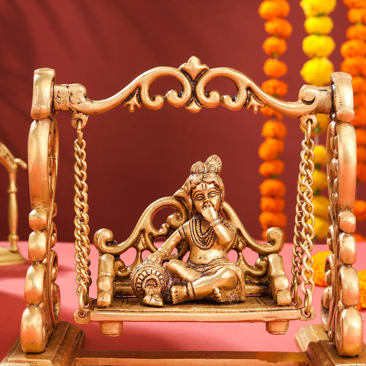 Brass Superfine Laddu Gopal On Swing/Jhula (7.5 Inch)
