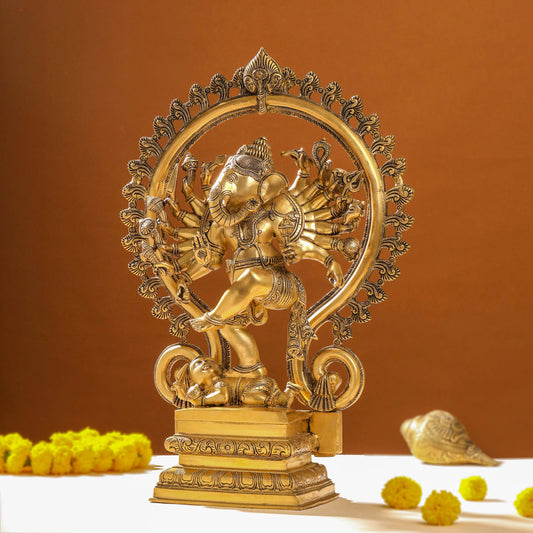 Brass Sixteen Armed Dancing Ganesha Idol (25.5 Inch)