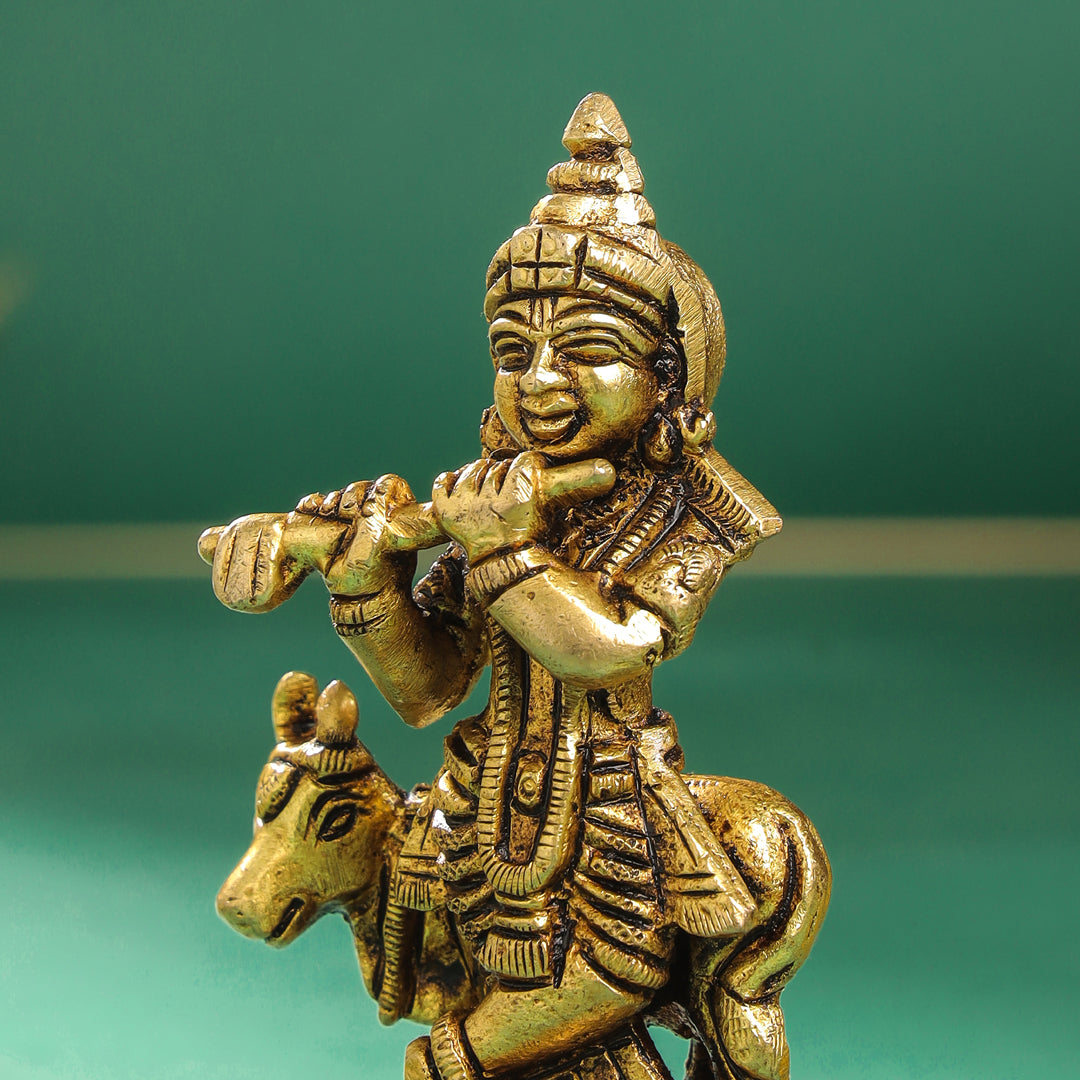 Brass Krishna With Cow Idol (4 Inch)