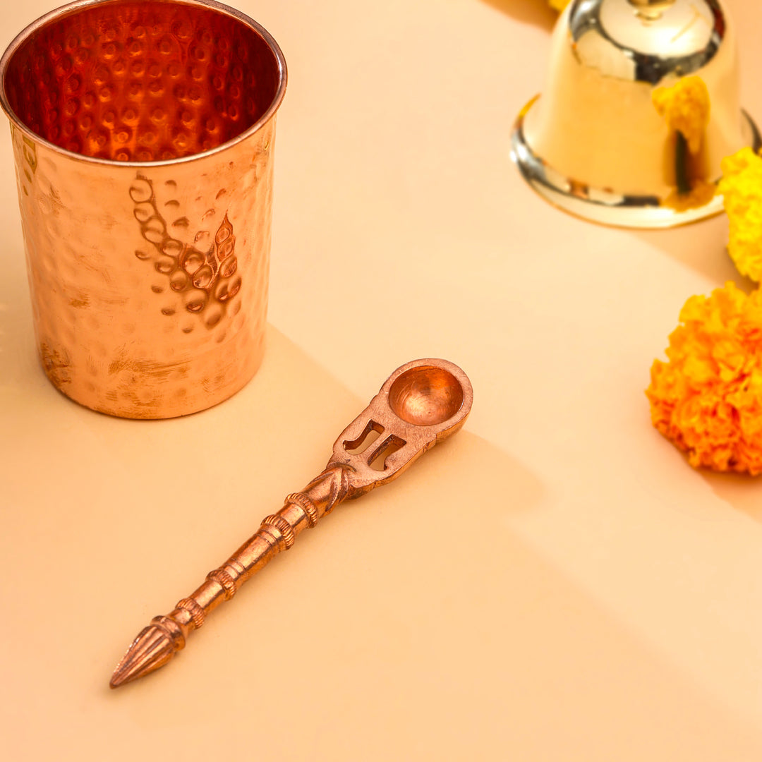 Copper Pooja Panchpatra and Spoon charnamrit Set