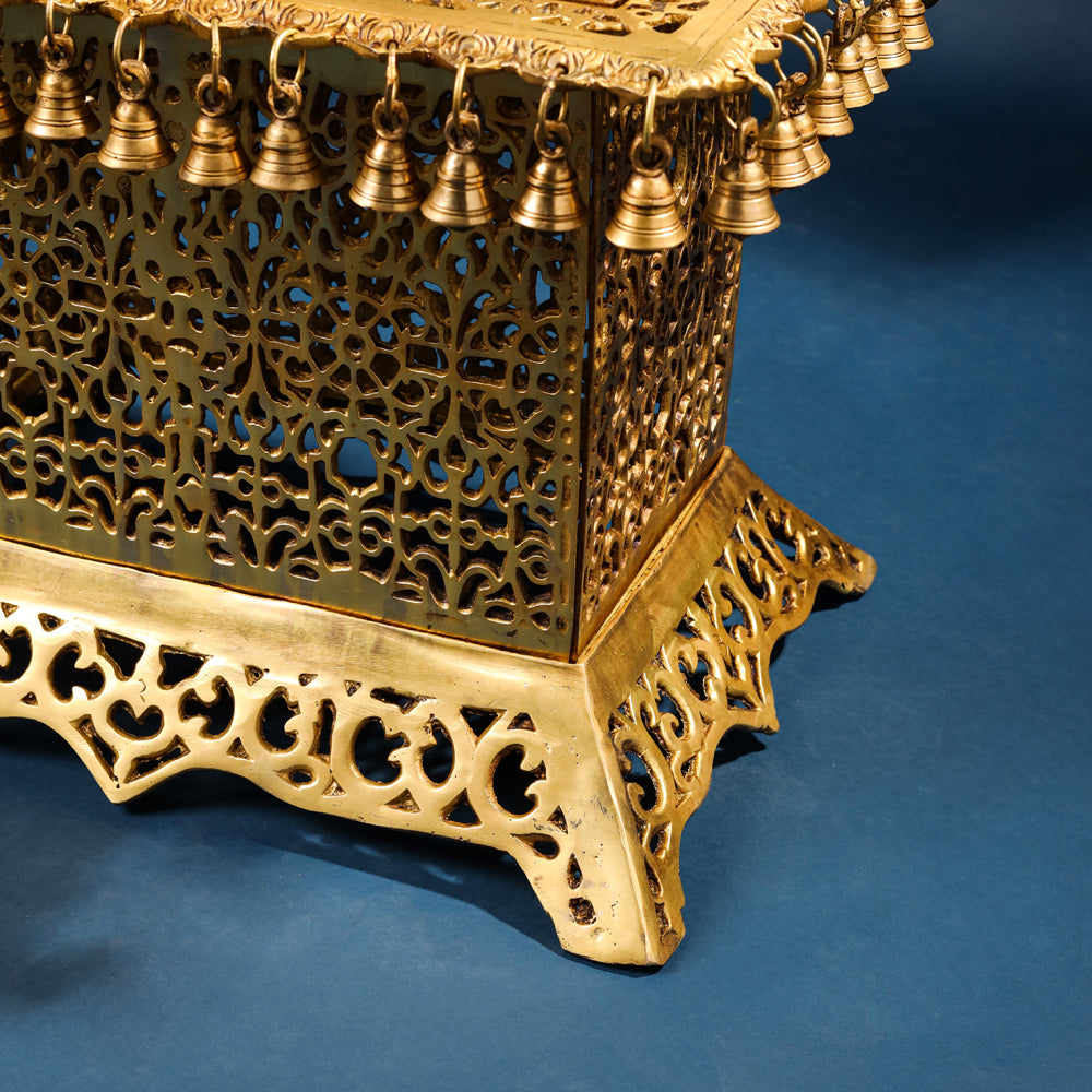 Brass Pooja Stool with Hanging Bells – Traditional & Ornate Design (15 Inch)