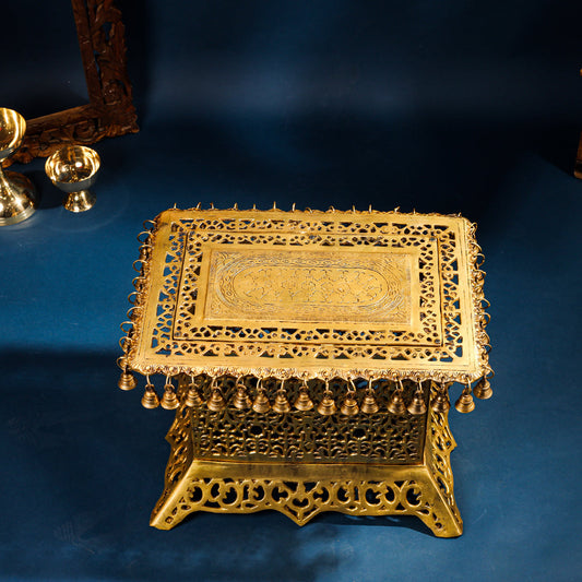 Brass Pooja Stool with Hanging Bells – Traditional & Ornate Design (15 Inch)