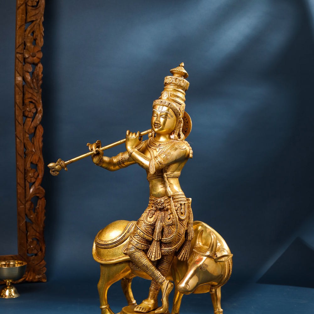 Brass Superfine Lord Krishna With Cow Statue (26 Inch)