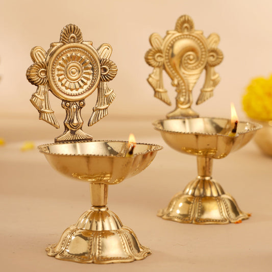 Brass Shankh Chakra Diya Set ( 4.5 Inch)