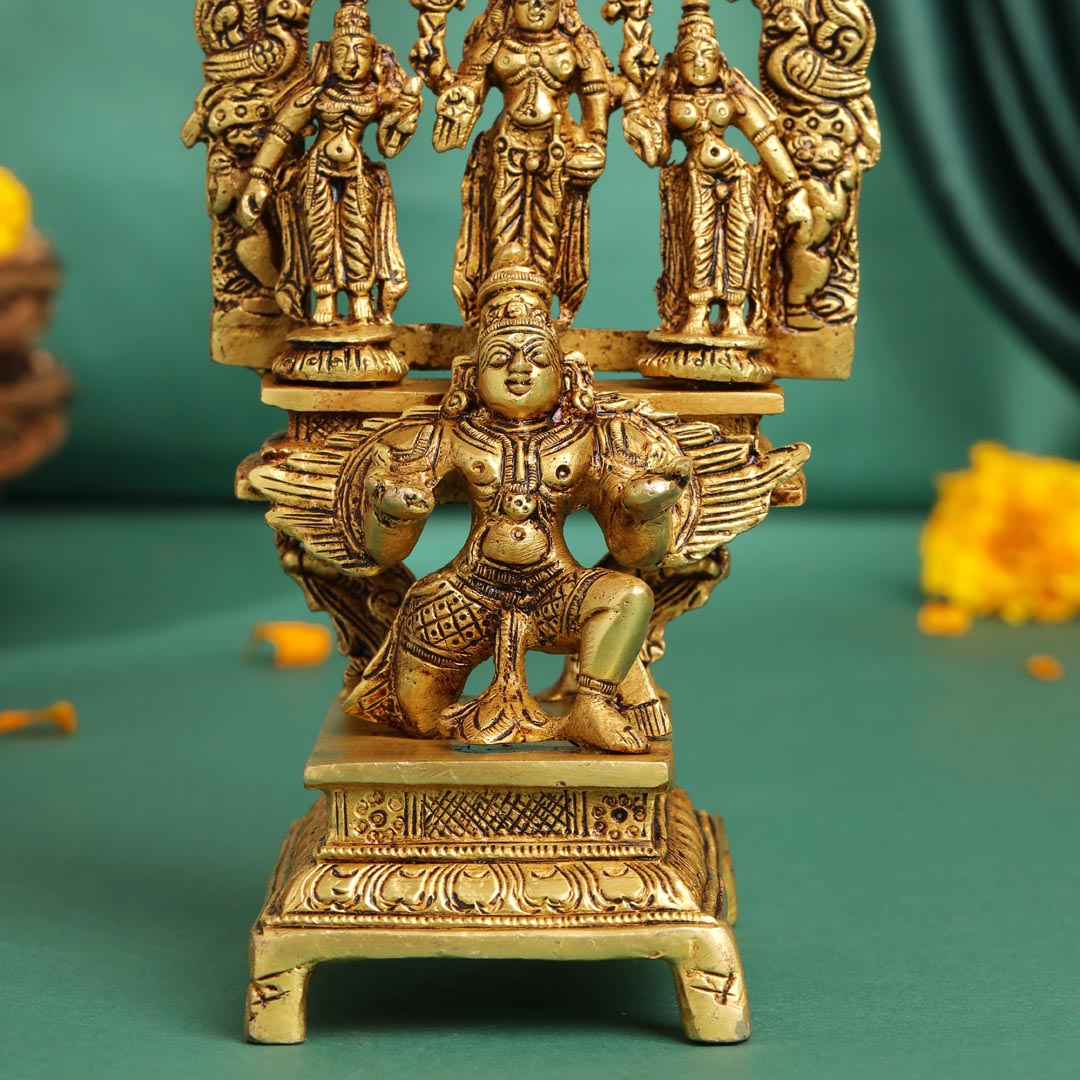 Brass Lord Balaji With Sri Devi And Bhudevi With Garud Idol (6.5 Inch)