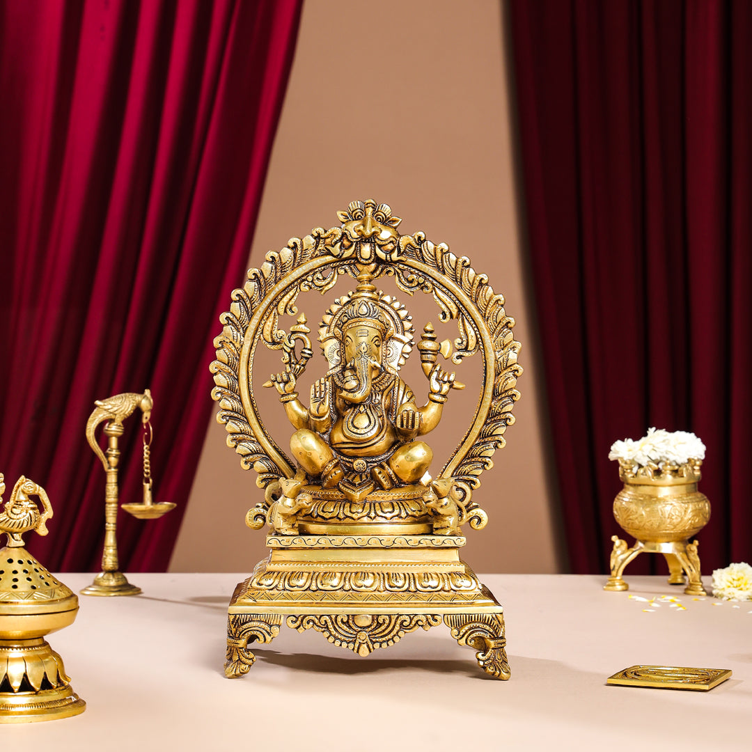 Brass Superfine Ganesha On Throne Idol (14 Inch)