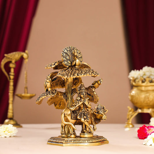 Brass Superfine Krishna With Cow Idol Under Tree (7 Inch)