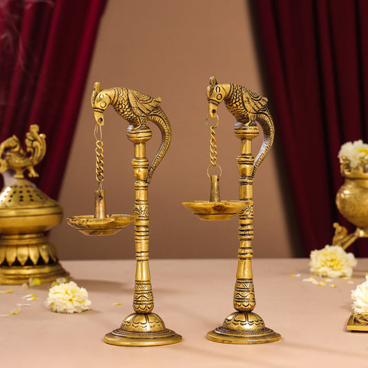 Brass Peacock Hanging Diya/Lamp Pair (7.5 Inch)