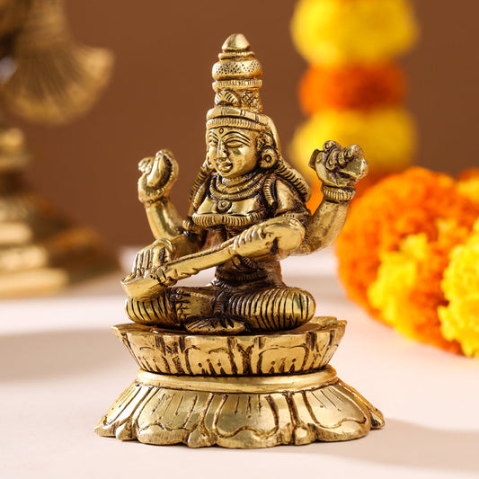 Brass Goddess Saraswati On Lotus (3 Inch)
