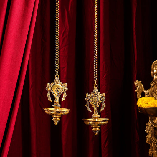 Brass Hanging Shankh And Chakra Diya Set (23 Inch)