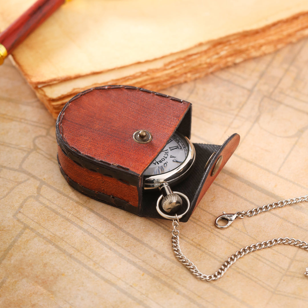 Brass Pocket Watch With Leahther Pouch (2 Inch)