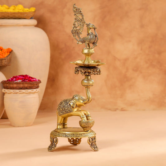 Brass Peacock Diya On Dancing Elephant (30 Inch)