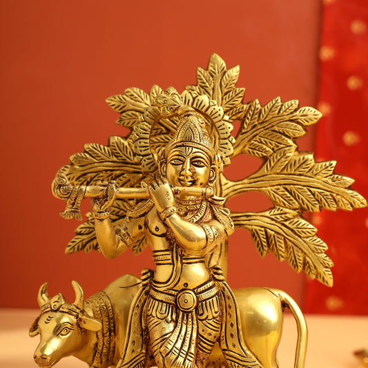 Brass Lord Krishna Statue With Cow And Tree (8.5 Inch)