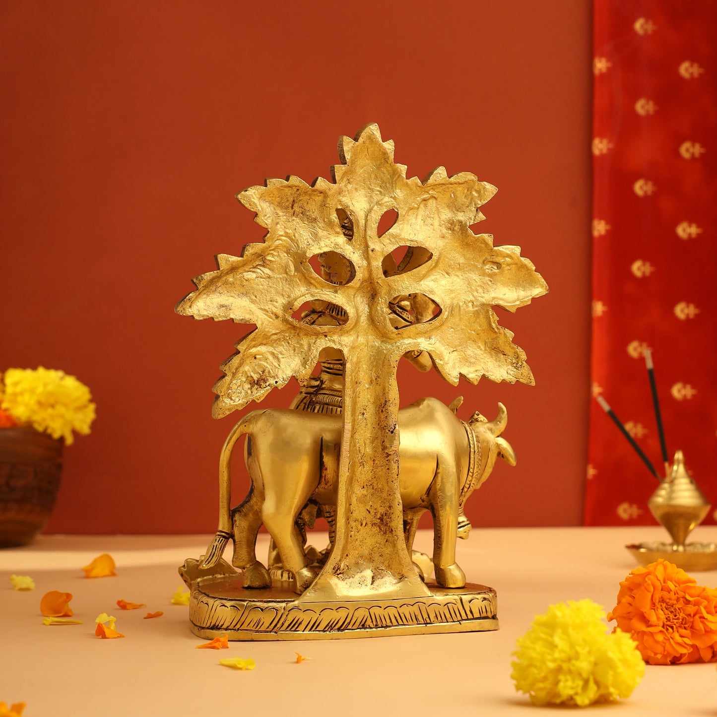 Brass Lord Krishna Statue With Cow And Tree (8.5 Inch)