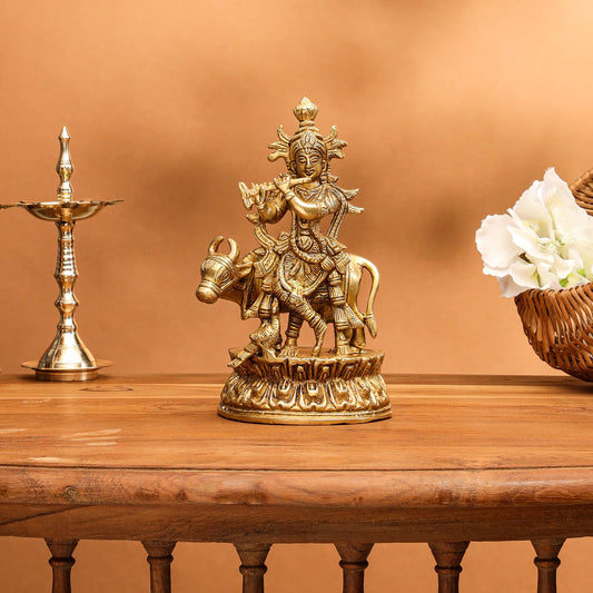 Brass Krishna With Cow Idol (7 Inch)