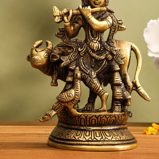 Brass Krishna With Cow Idol (5.5 Inch)
