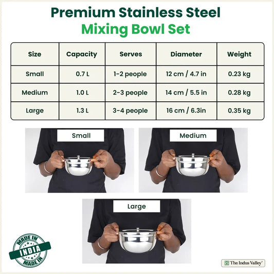 100% Toxin-free Premium Quality Tri-Steel Stainless Steel Mixing Bowl Set with Lids – 3 Pieces, Food-Safety, Ideal for Mixing, Marinating & Storage (0.7L/1.0L/1.3L)