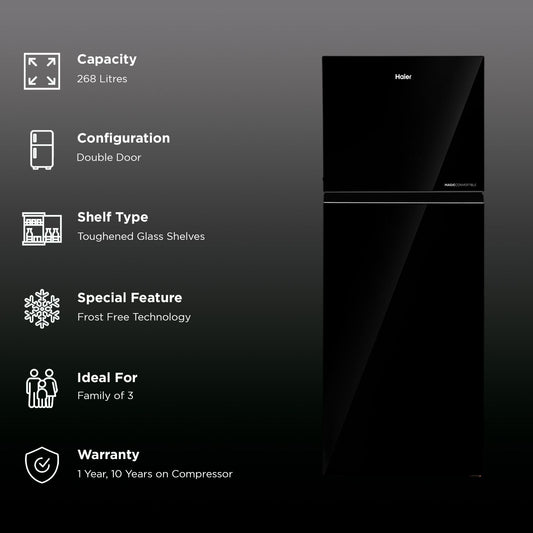 Haier 268 Litres 2 Star Frost Free Double Door Convertible Refrigerator with Turbo Icing (HRF-3182PKG-P, Black Glass)