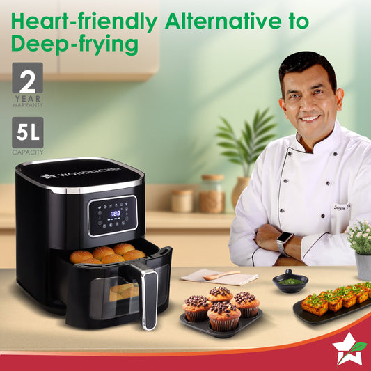 Platinum Plus Digital Air Fryer | 5L With Window & Light | Fry, Bake, Grill, Roast | 7 Pre-set Options | French Fries, Tikkis, Grilled Veggies, Muffins | Non-stick Basket | 2 Year Warranty